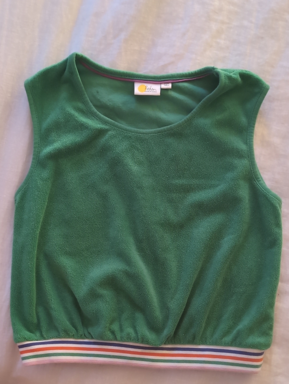 Mini Boden Emerald Green Sleeveless Terry Crop Tank with Striped Hem
